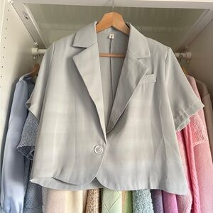 Women's Gray Light Blue Cropped Short Sleeve Blazer